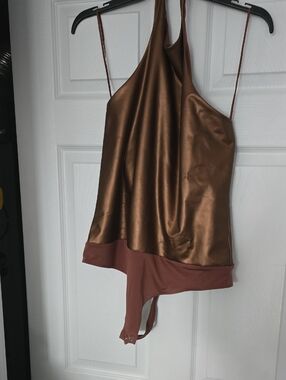 Express Faux Leather Halter Bodysuit in Copper